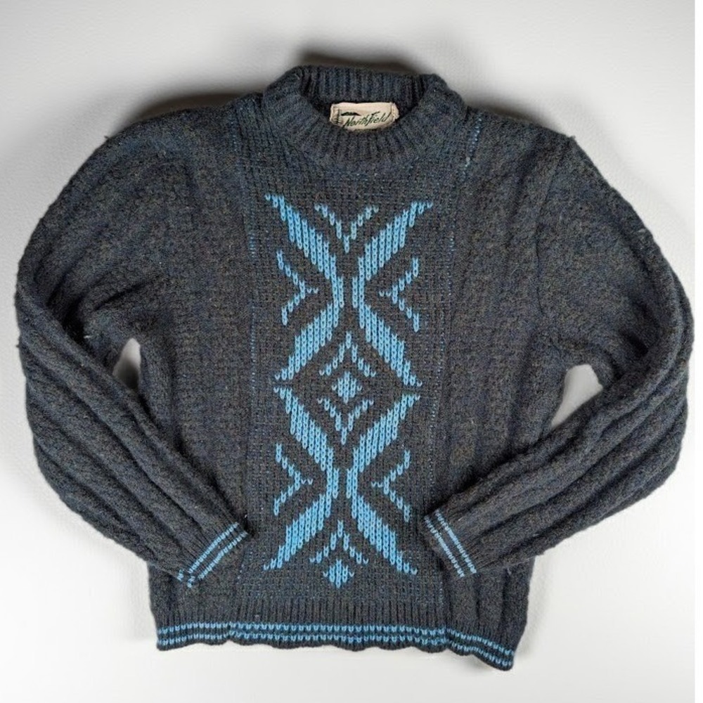 VTG NorthField Sportswear Shetland Wool Sweater Women's M Green Blue Nordic